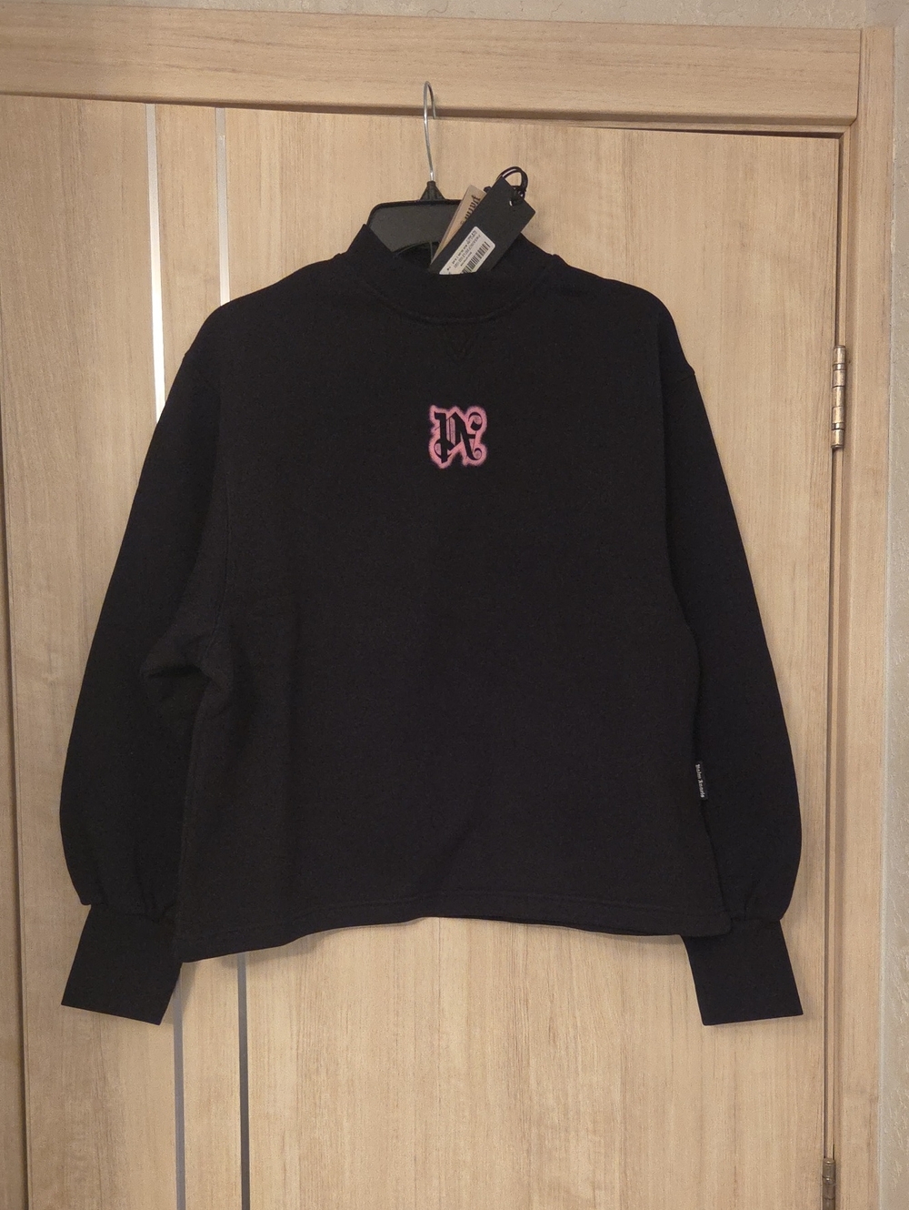 Palm Angels Black Mock Neck Sweatshirt with Pink Logo